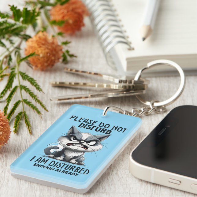 Funny disturbed cat word art keychain (Front Right)