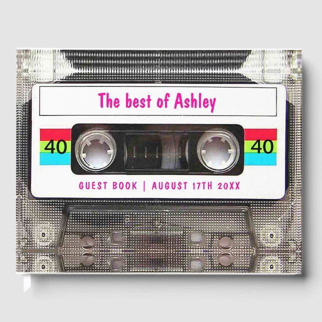 Funny DJ 80s Cassette Tape 40th Birthday guest Guest Book (Front)
