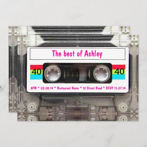 Funny DJ 80s Cassette Tape 40th Birthday Invitation