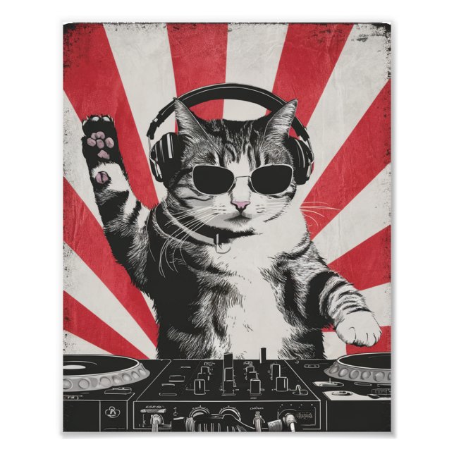 Funny DJ Cat Disco Sound Tech Headphone Music Photo Print (Front)
