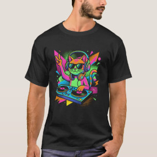 Funny DJ Cat with Headphones Techno Beat Retro Dis T-Shirt