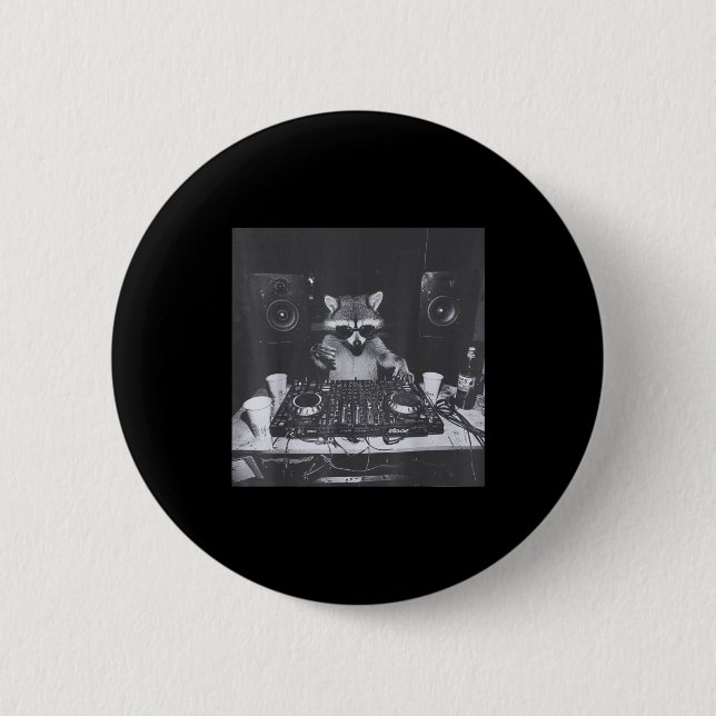 Funny Dj Raccoon House Party Sound Tech Music Tras Button (Front)