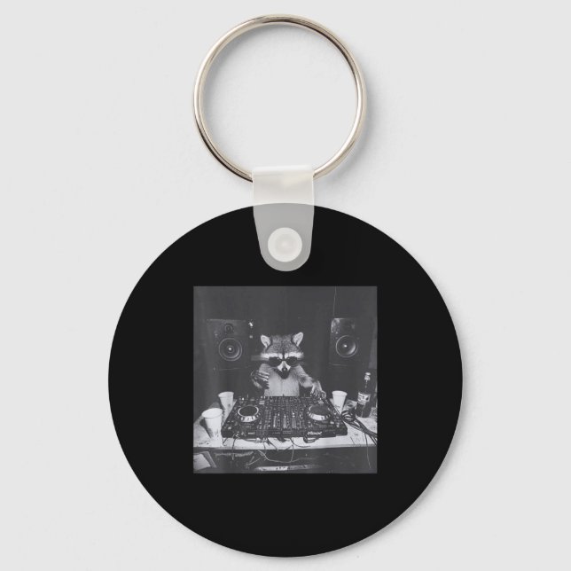 Funny Dj Raccoon House Party Sound Tech Music Tras Keychain (Front)
