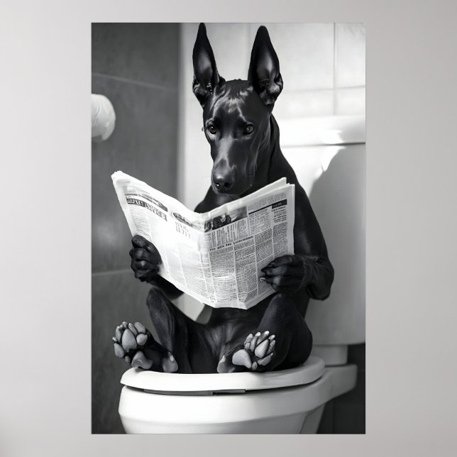 Funny Doberman Bathroom Print, Dog Reading Poster (Front)