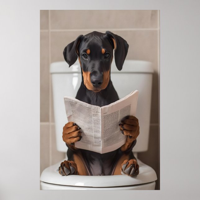 Funny Doberman Bathroom Print, Reading Newspaper Poster (Front)