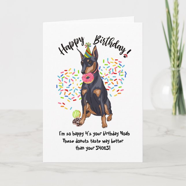 Funny Doberman Birthday Card Donuts (Front)