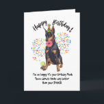Funny Doberman Birthday Card Donuts<br><div class="desc">Funny Doberman Dog Birthday Card Donuts. .Time to eat the donuts! This funny birthdaycard feature your favorite Funny Doberman Dog all decked out in his party hat, munching on your stash of birthday donuts. Sprinkles flying everywhere, and your pup already has a donut in his mouth and two saved at...</div>