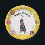 Funny Doberman Birthday Party Paper Plate<br><div class="desc">German Doberman Dog Donuts Birthday Party Paper Plate. .Time to eat the donuts! This funny birthday paper plates feature your favorite Doberman Dog all decked out in his party hat, munching on your stash of birthday donuts. Sprinkles flying everywhere, donuts are tossed over a yellow border and the birthday star's...</div>