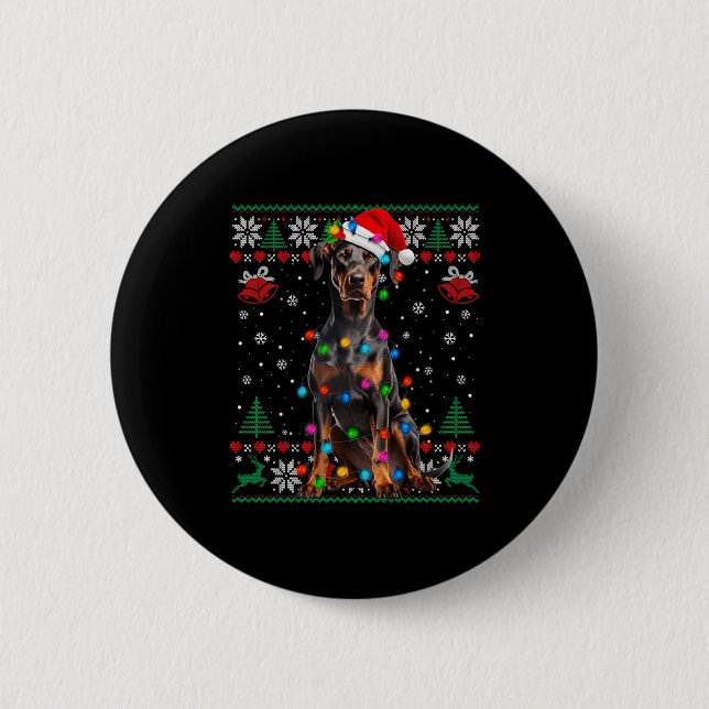 Funny Doberman Christmas Santa Hat Dog Ugly Sweate Button (Front)