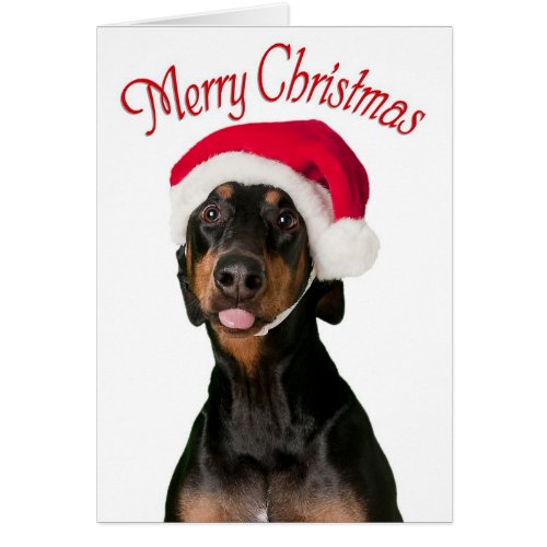 Funny Doberman dog wearing Santa hat, tongue out Greeting Card