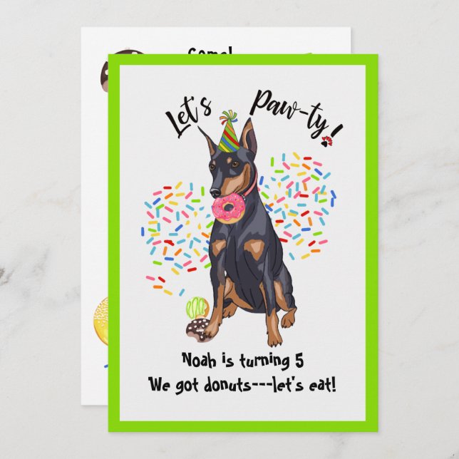 Funny Doberman Donut Birthday Party Invite (Front/Back)