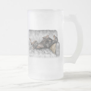 Funny Doberman on Sofa Frosted Glass Beer Mug