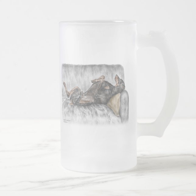 Funny Doberman on Sofa Frosted Glass Beer Mug (Right)
