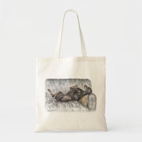 Funny Doberman on Sofa Tote Bag