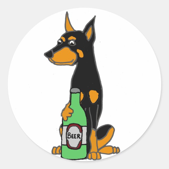 Funny Doberman Pinscher Dog Drinking Beer Classic Round Sticker (Front)
