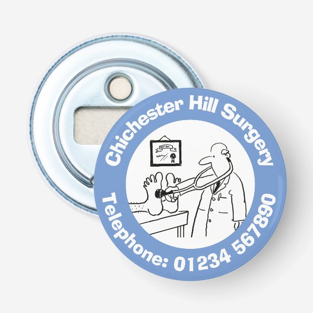 Funny Doctor with Stethoscope Checking Feet. Bottle Opener (Front)