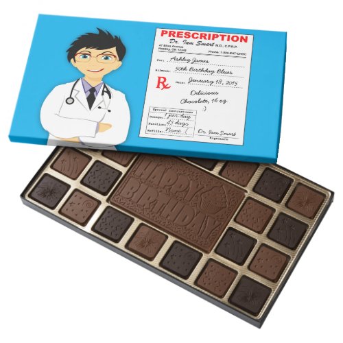 Funny Doctor's Prescription 50th Birthday Gift 45 Piece Box Of Chocolates - Funny Chocolate a Day medical Doctor's prescription (Rx) personalized 50th birthday box of chocolates. Doctor Iam Smart has the best prescription for the 50th birthday blues. Chocolate! Fun, cute, personalized birthday gift for him or for her. Can work for any birthday over the hill year. Chocolate is the cure for a true chocolate lover!