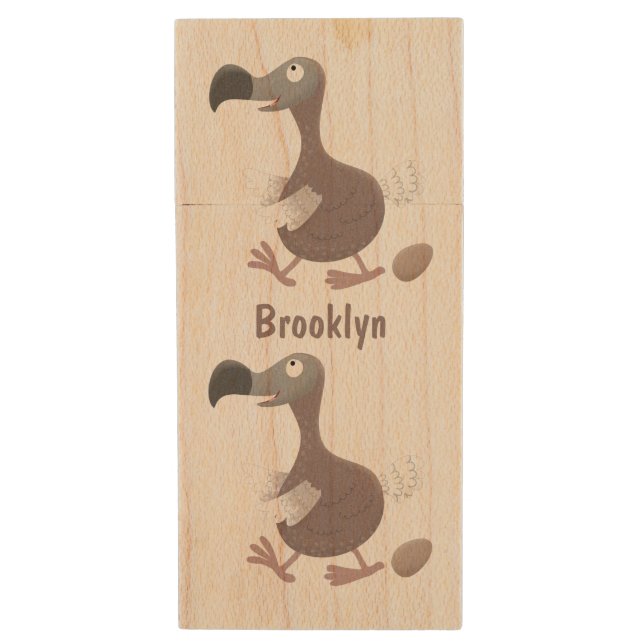 Funny dodo bird cartoon illustration wood flash drive (Front Vertical)