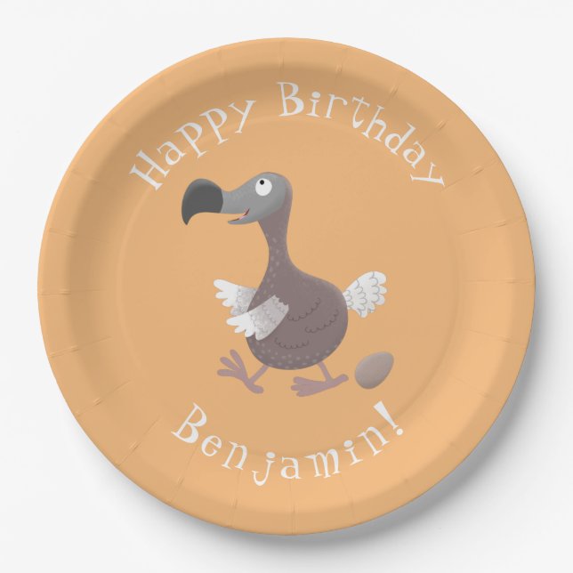Funny dodo bird personalized cartoon birthday paper plates (Front)