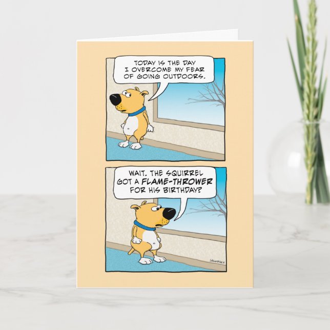 Funny Dog Afraid of Squirrel Birthday Card (Front)