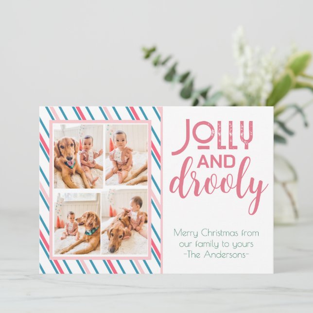 Funny Dog and Baby Colorful Four Photo Holiday Card (Standing Front)