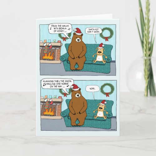 Funny Dog and Caroling Bear Christmas Holiday Card