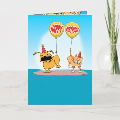 Funny Dog and Cat Balloon Tails Birthday Card