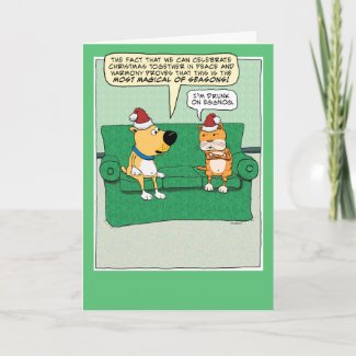 Funny Dog and Cat Celebrate Christmas Holiday Card