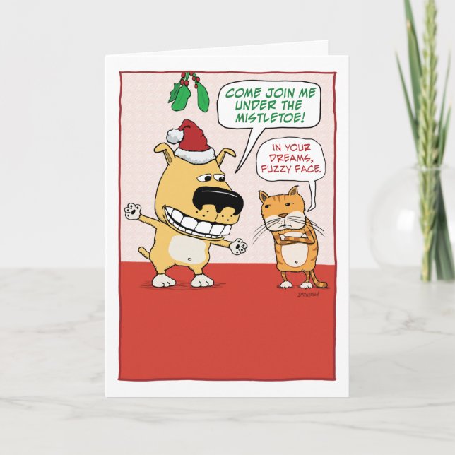 Funny Dog and Cat Mistletoe Christmas Holiday Card (Front)