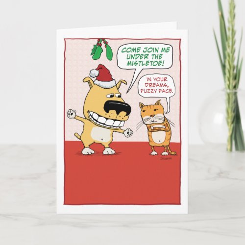 Funny Dog and Cat Mistletoe Christmas Holiday Card