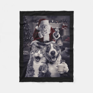 Funny Dog And Cat Selfie With Santa Christmas  Fleece Blanket
