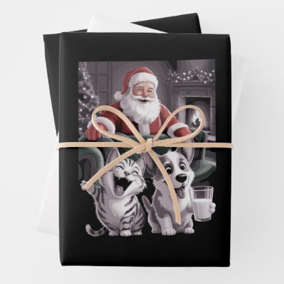 Funny Dog and Cat Selfie With Santa Christmas  Wrapping Paper Sheets