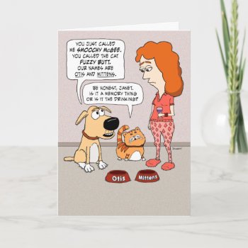 Funny Dog And Cat Worried About Owner Birthday Card by chuckink at Zazzle