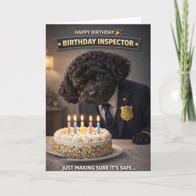 Funny Dog Birthday Card Cake Inspector Cockapoo (Front)