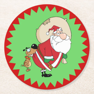 Funny Dog Biting Santa Christmas Round Paper Coaster