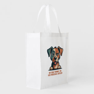 Funny Dog Butler Quote Illustration Grocery Bag