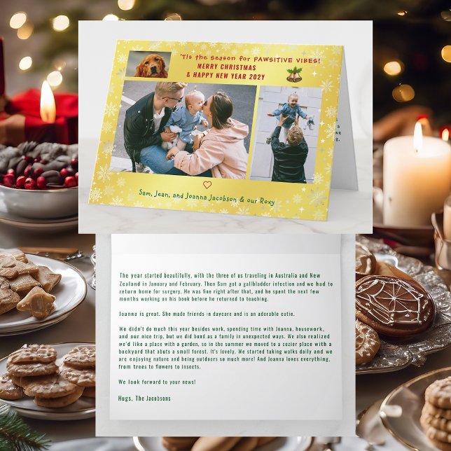 Funny Dog Cat 3 Photos Minimalist Elegant Golden Card (Cute Elegant Funny Pet Dog Pawsitive Vibes Merry Xmas Happy New Year 3 Photos Snowflakes Golden)