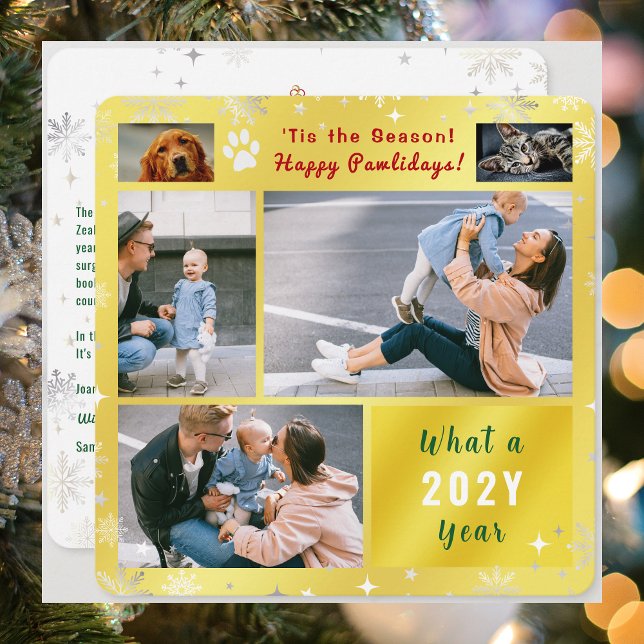 Funny Dog Cat 4 Photos Collage Cute Elegant Golden Holiday Card (Funny Happy Pawlidays Dog Cat Pet Photos & 3 Family Photos Year-in-Review Letter Snowflakes Golden)