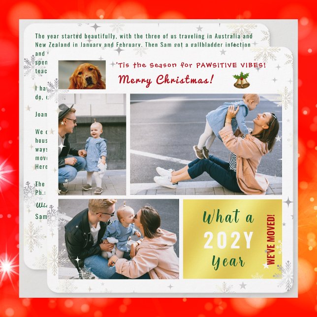 Funny Dog Cat 4 Photos New Home We've Moved Modern Holiday Card (Funny dog Christmas card. Pawsitive humor. 4 Photos. We've moved letter. Elegant, modern. Snowflakes)