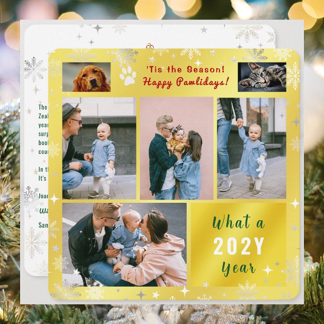 Funny Dog Cat Happy Pawlidays Photos Golden Holiday Card (Funny Cat Dog Photo Happy Pawlidays with 6 Photos Total. Elegant Cute Golden Background, Snowflakes)