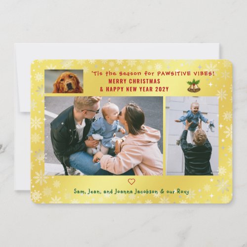 Funny Dog Cat Pawsitive 3 Photos Minimalist Golden Holiday Card