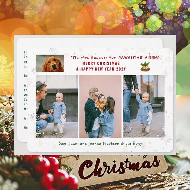 Funny Dog Cat Pawsitive 3 Photos Minimalist Modern Holiday Card (Cute Funny Pet Dog Pawsitive Vibes Merry Christmas Happy New Year 'Tis the Season 4 Photos Letter)