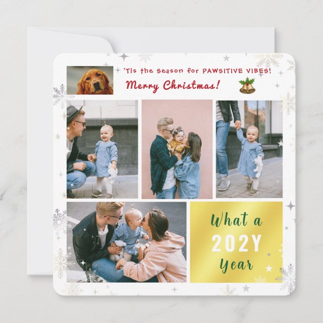Funny Dog Cat Pawsitive 5 Photos Collage Modern Holiday Card (Front)