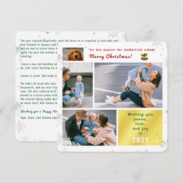 Funny Dog Cat Peace Love Joy 4 Photos Collage Cute Holiday Card (Front/Back)