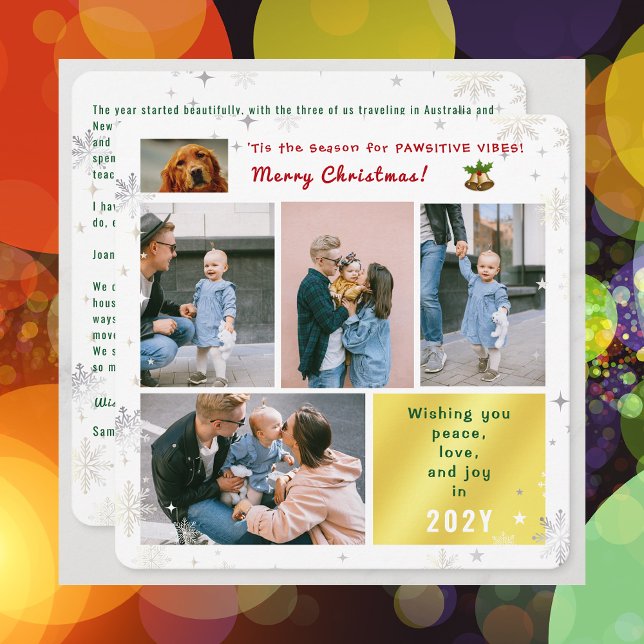Funny Dog Cat Peace Love Joy 5 Photos Cute Elegant Holiday Card (Elegant Funny Pawsitive Vibes Pet Dog Christmas Card 5 Photos Peace Love Joy Snowflakes Stars Letter)