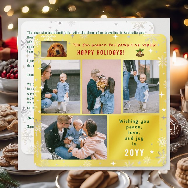 Funny Dog Cat Peace Love Joy 5 Photos Cute Golden Holiday Card (Elegant Golden Cute Funny Pawsitive Vibes Pet Dog Happy Holidays 5 Photos Peace Love Joy Snowflakes)