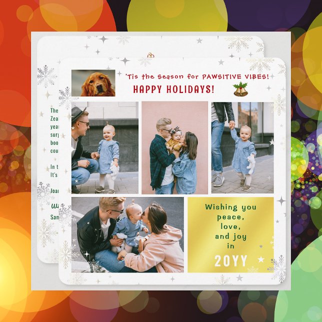 Funny Dog Cat Peace Love Joy 5 Photos Cute Modern Holiday Card (Elegant Cute Funny Pawsitive Vibes Pet Dog Happy Holidays 5 Photos Peace Love Joy Snowflakes Letter)