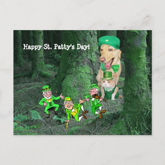 Funny Dog & Cat St. Patrick's Day Postcard (Front)