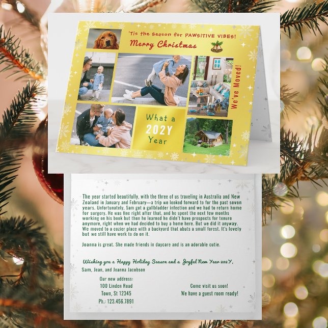 Funny Dog Cat We've Moved New Home 6 Photos Golden Card (Modern, elegant, funny Xmas card. Dog photo. We've Moved. 6 Photos. Peace, Love, Joy. Snowflakes)