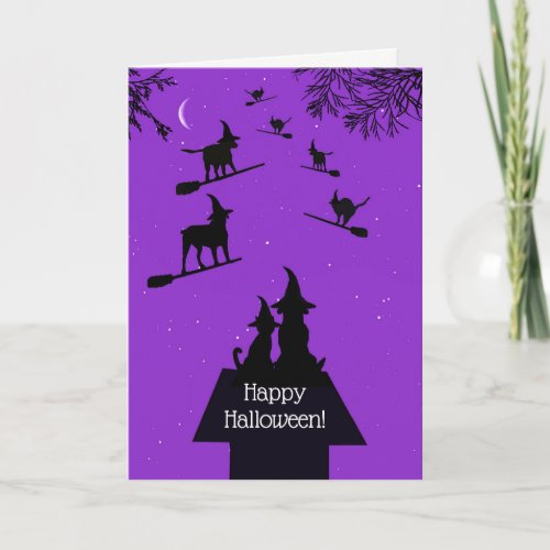 Funny Dog Cat Witches Happy Halloween Dog House Card